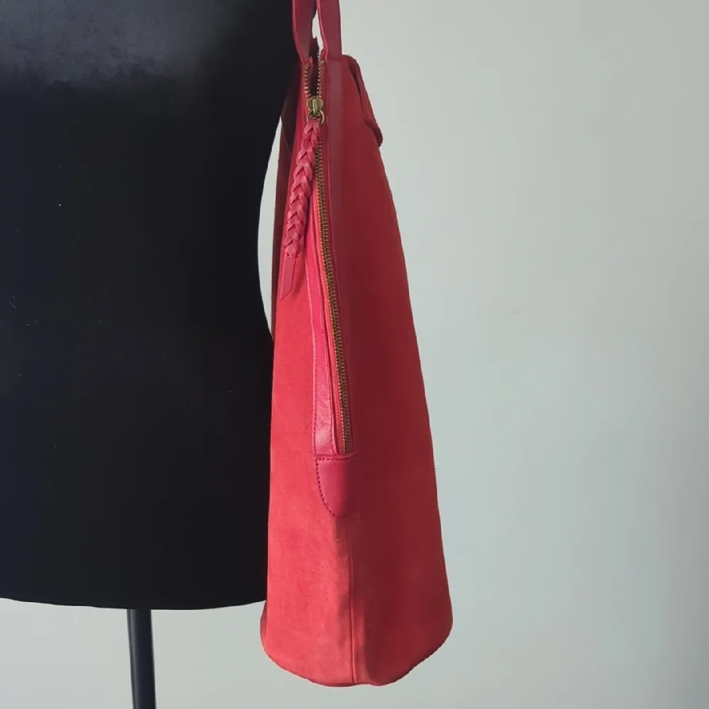Anthropologie Red Suede with Leather Trim Details Slouchy Bag - Picture 3 of 12